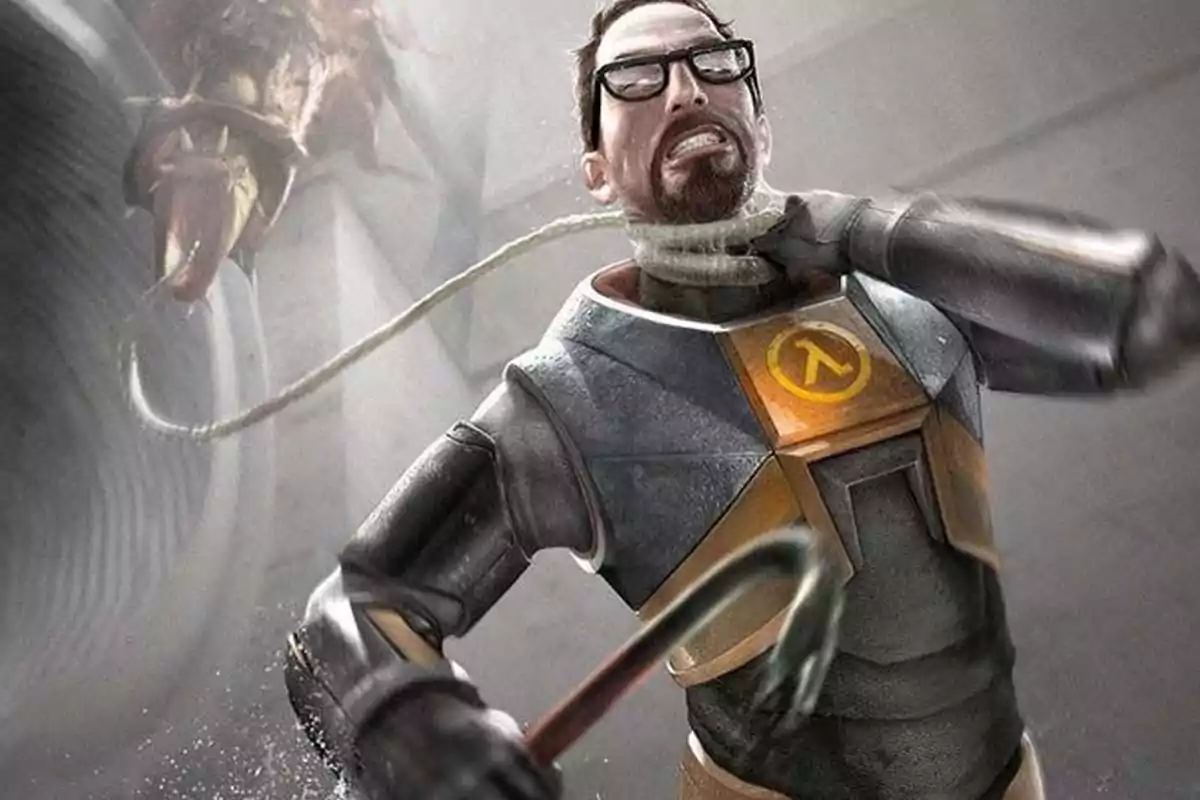 Un hombre con gafas y traje futurista lucha contra una criatura que lo atrapa del cuello con una lengua larga mientras sostiene una palanca Un hombre con gafas y traje futurista lucha contra una criatura que lo atrapa del cuello con una lengua larga mientras sostiene una palanca
