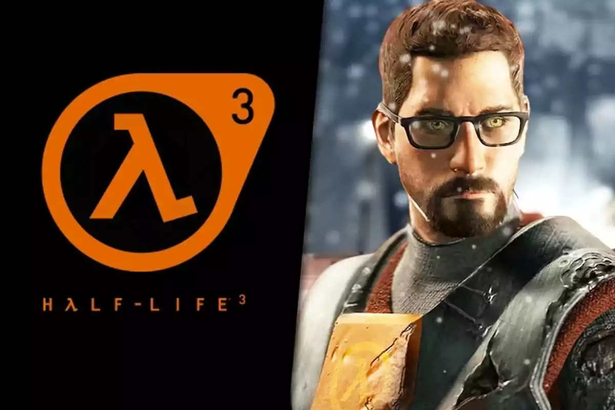 Logo de Half-Life 3 junto a un personaje con gafas y barba en un entorno nevado