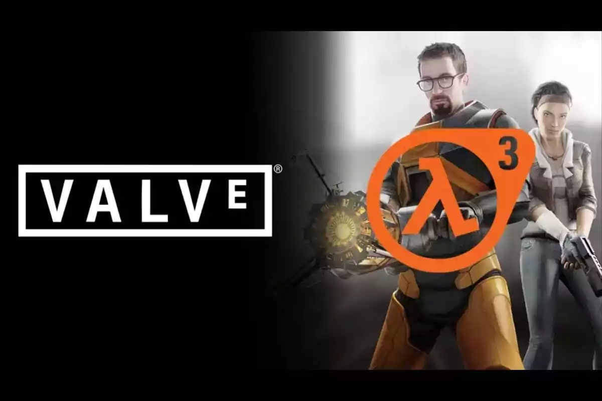 Logo de Valve junto a dos personajes de videojuego con el símbolo naranja de Half-Life y el número tres Logo de Valve junto a dos personajes de videojuego con el símbolo naranja de Half-Life y el número tres
