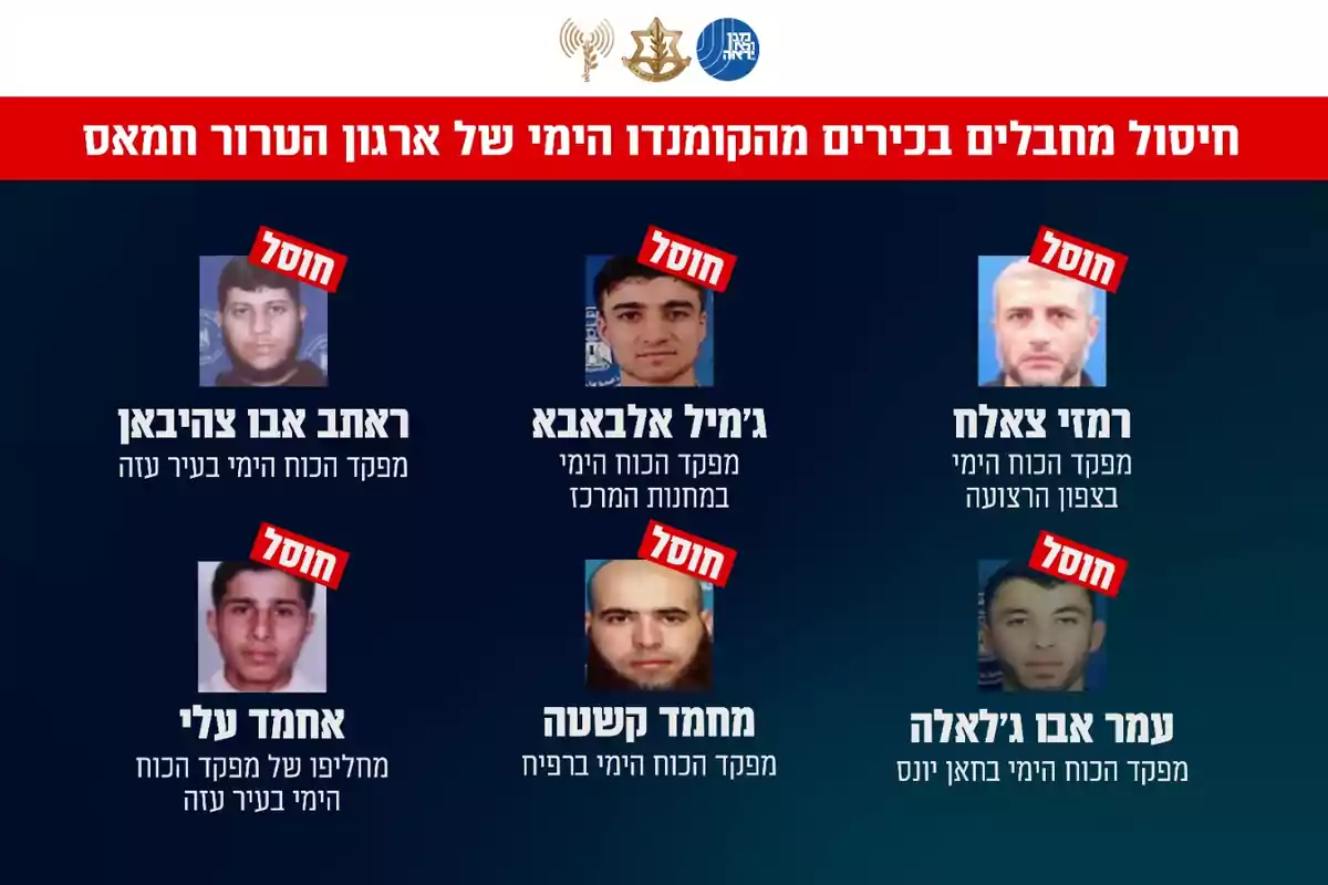 Six portraits of men with names and descriptions in Hebrew, some with a red label in the upper left corner of their photos, set against a dark blue background and a red stripe at the top with Hebrew text.