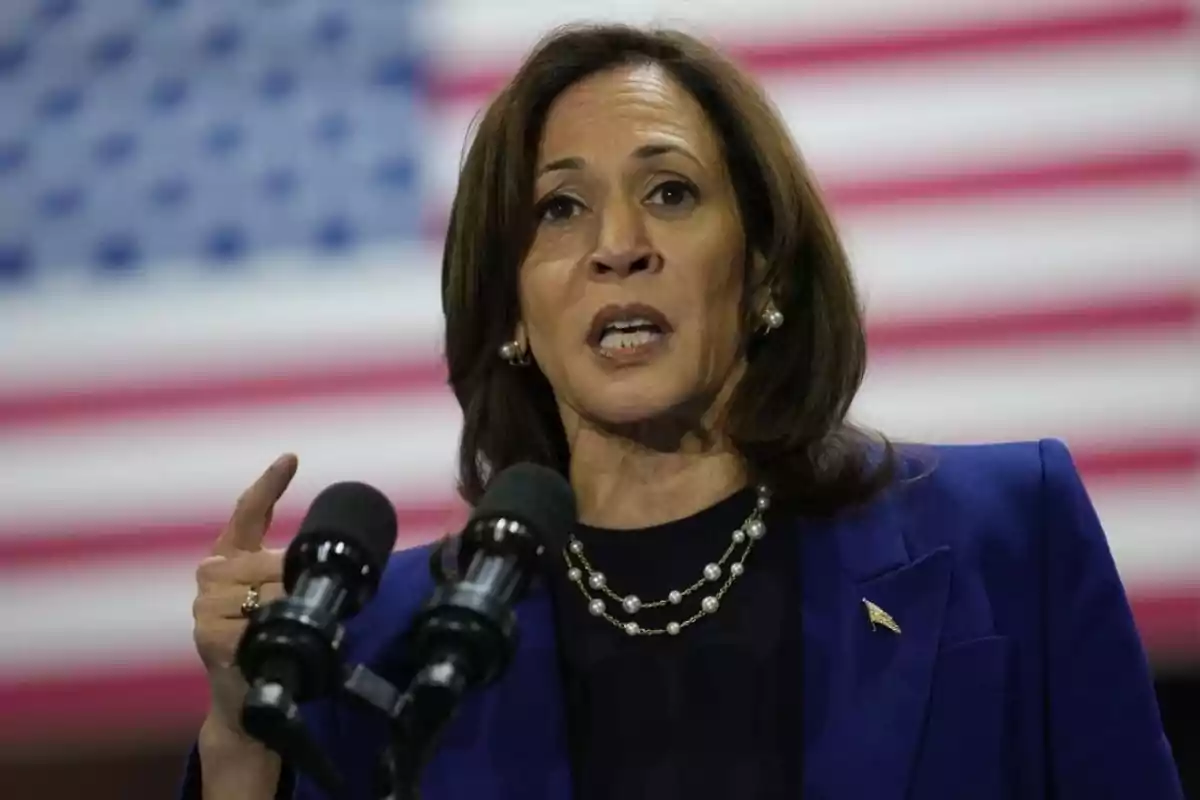 Woman speaking in front of microphones with a United States flag in the background Woman speaking in front of microphones with a United States flag in the background