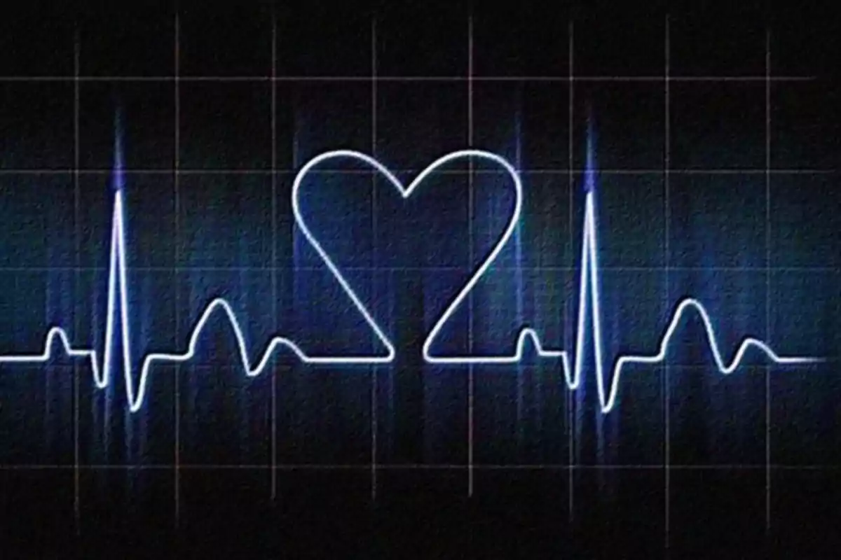Electrocardiogram line forming a heart in the center on a dark background