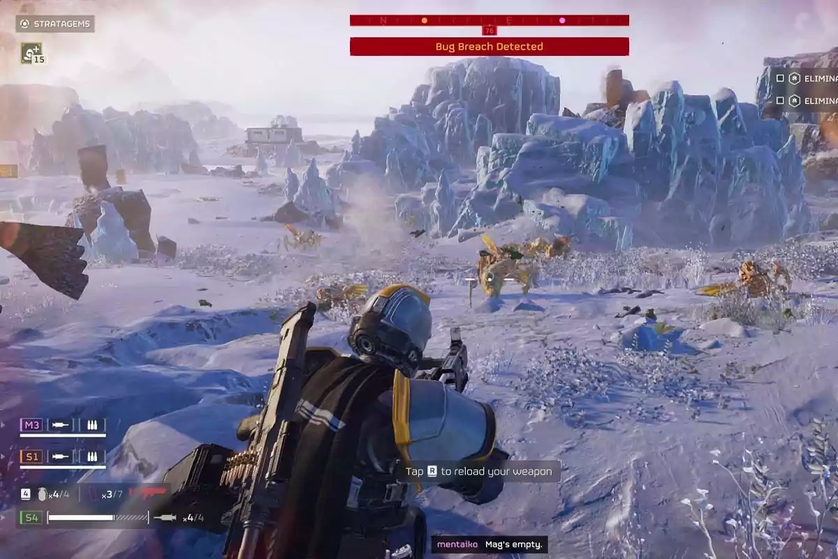 A futuristic soldier aims his weapon at alien creatures in a snowy landscape with ice-covered mountains in the background and a red alert on the screen indicating an insect breach detected. A futuristic soldier aims his weapon at alien creatures in a snowy landscape with ice-covered mountains in the background and a red alert on the screen indicating an insect breach detected.