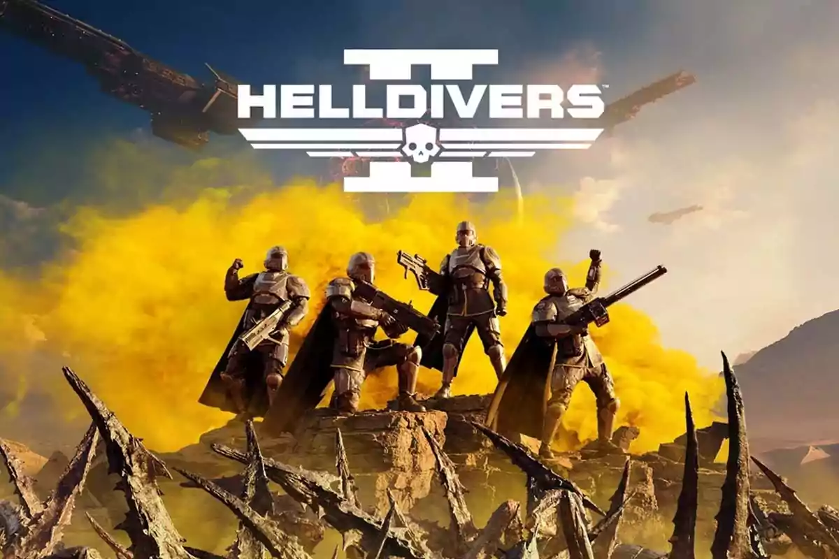 Four soldiers in futuristic armor and weapons pose on rocky terrain with yellow smoke in the background and the Helldivers 2 logo at the top. Four soldiers in futuristic armor and weapons pose on rocky terrain with yellow smoke in the background and the Helldivers 2 logo at the top.