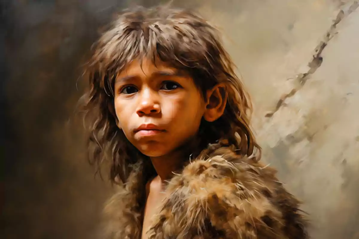 Child with long, messy hair dressed in a fur garment looking forward with a serious expression against a blurred background. Child with long, messy hair dressed in a fur garment looking forward with a serious expression against a blurred background.