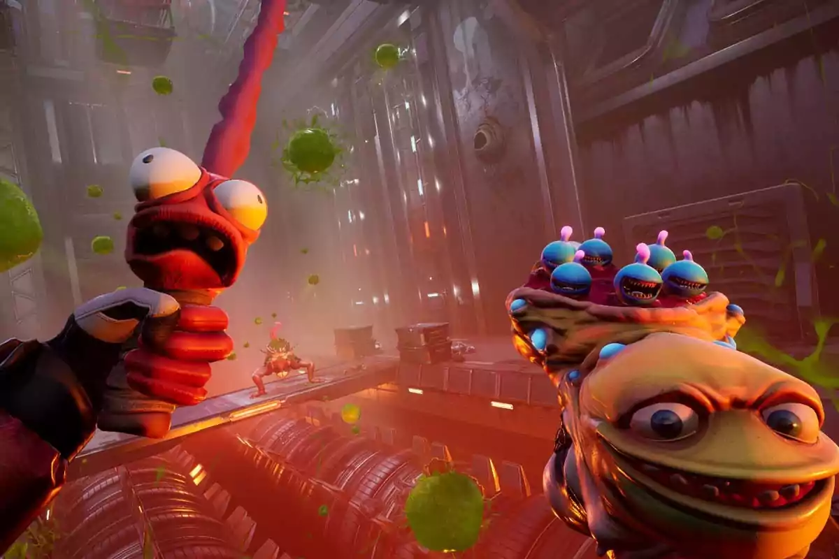 Escena de videojuego con personajes alienígenas de colores brillantes y expresiones exageradas en un entorno futurista lleno de luces y elementos verdes flotantes Escena de videojuego con personajes alienígenas de colores brillantes y expresiones exageradas en un entorno futurista lleno de luces y elementos verdes flotantes