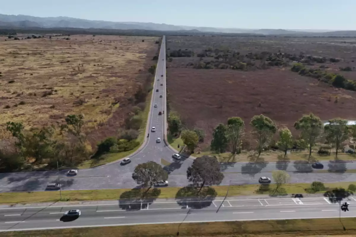 Carretera larga y recta rodeada de campos secos y árboles con varios autos circulando en ambas direcciones Carretera larga y recta rodeada de campos secos y árboles con varios autos circulando en ambas direcciones
