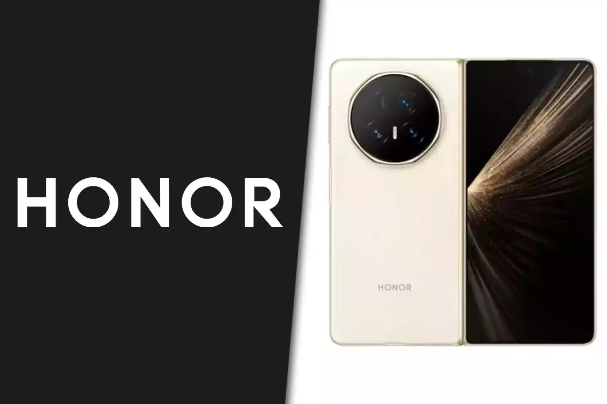 Honor foldable smartphone in gold next to the brand logo on a black background