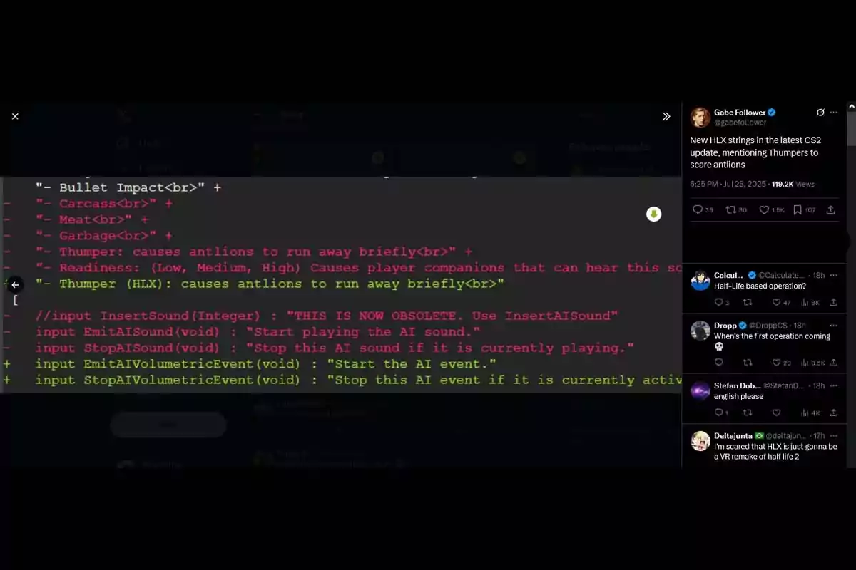 Captura de pantalla que muestra un fragmento de código relacionado con sonidos y eventos de IA, junto a un tuit que menciona referencias a Thumpers y antlions en una actualización de CS2, con varias respuestas de usuarios. Captura de pantalla que muestra un fragmento de código relacionado con sonidos y eventos de IA, junto a un tuit que menciona referencias a Thumpers y antlions en una actualización de CS2, con varias respuestas de usuarios.