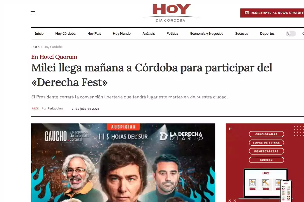 Screenshot of a news article from the Hoy Día Córdoba website announcing Milei’s arrival in Córdoba to participate in the Derecha Fest event, featuring a promotional image for the event and several faces in close-up. Screenshot of a news article from the Hoy Día Córdoba website announcing Milei’s arrival in Córdoba to participate in the Derecha Fest event, featuring a promotional image for the event and several faces in close-up.