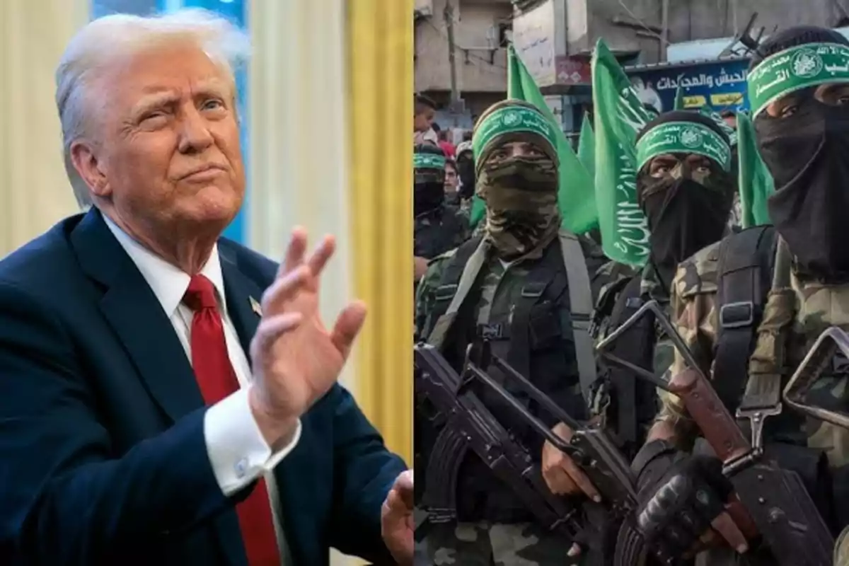 A gray-haired man in a suit and red tie is on the left, while on the right there is a group of armed people in camouflage uniforms with their faces covered, carrying green flags. A gray-haired man in a suit and red tie is on the left, while on the right there is a group of armed people in camouflage uniforms with their faces covered, carrying green flags.