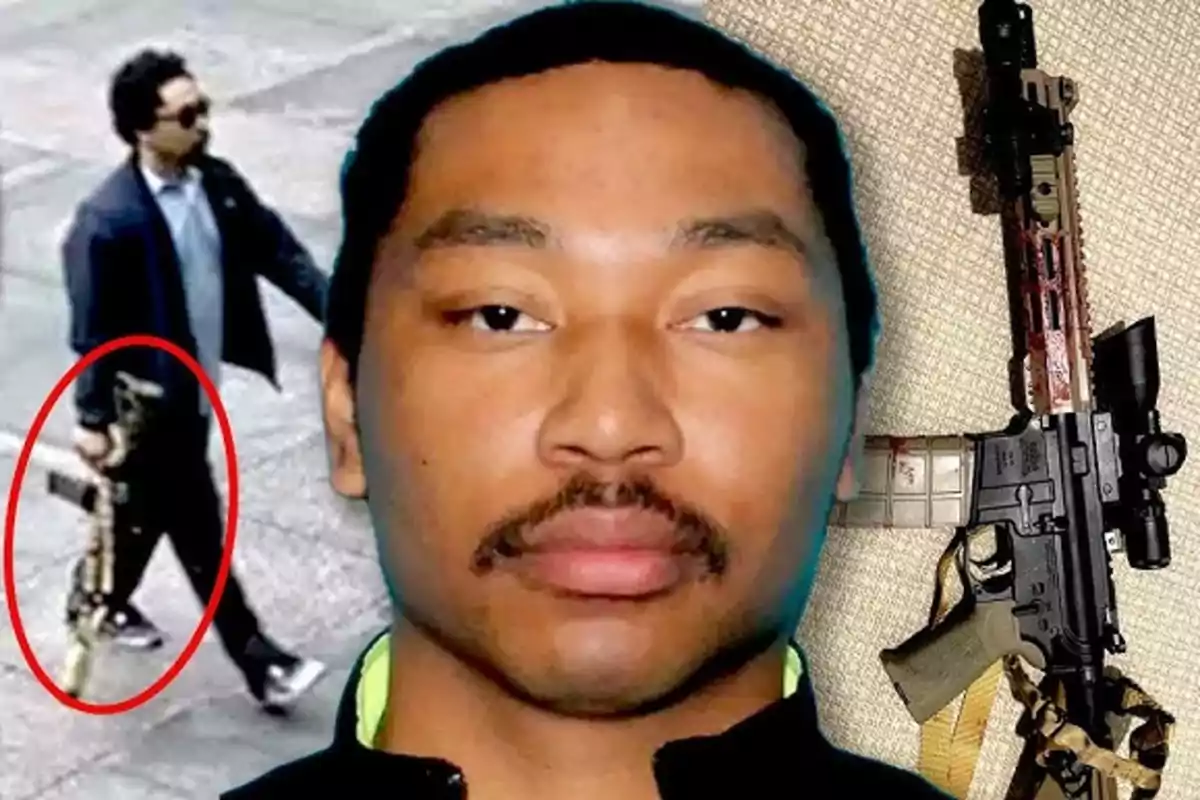 Un hombre con bigote en primer plano, al fondo un arma larga y una imagen de una persona caminando con un rifle en la mano encerrada en un círculo rojo