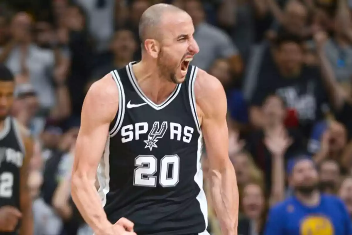 Basketball player in a Spurs uniform energetically celebrating on the court in front of a crowd Basketball player in a Spurs uniform energetically celebrating on the court in front of a crowd