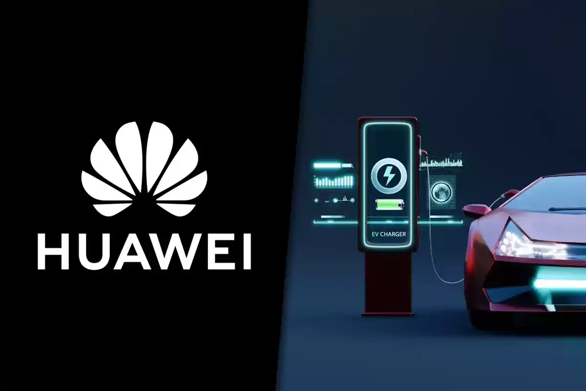 Logo de Huawei junto a una estación de carga para autos eléctricos y un automóvil deportivo conectado
