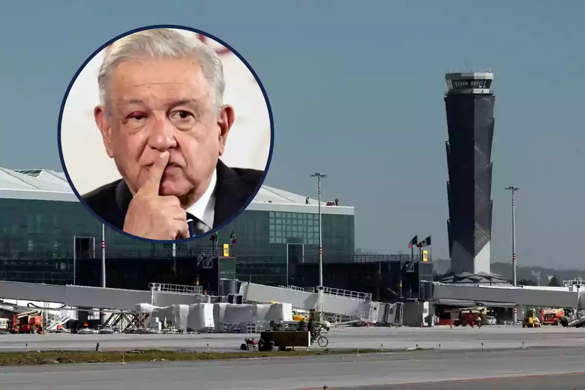 Un hombre pensativo aparece en un círculo sobre la imagen de un aeropuerto moderno con torre de control.