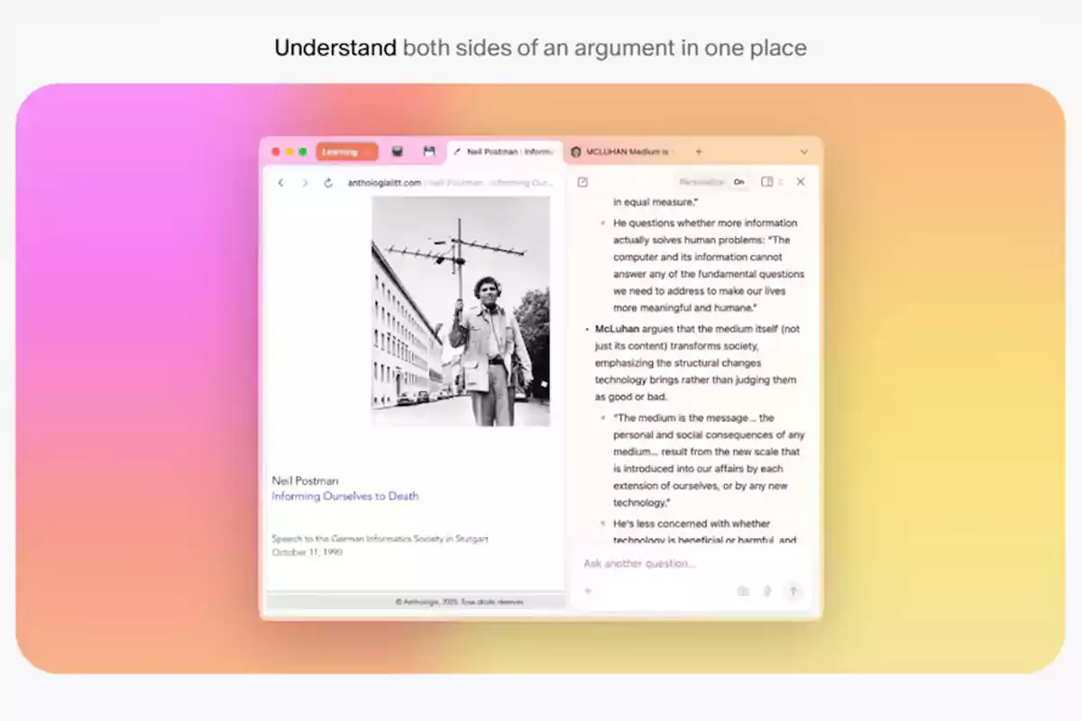 Two browser windows open side by side on a gradient background, one displaying an article with a black-and-white photo of a person and the other containing explanatory text Two browser windows open side by side on a gradient background, one displaying an article with a black-and-white photo of a person and the other containing explanatory text