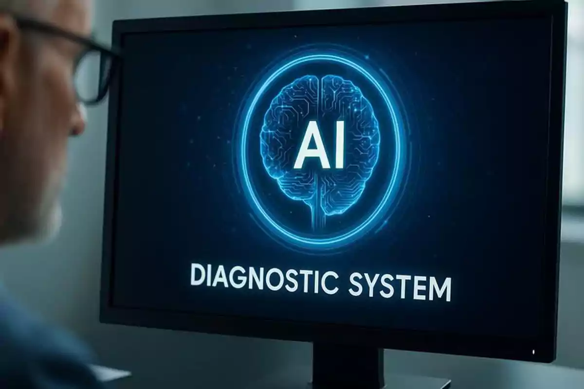 Person looking at a computer screen displaying a brain graphic with the letters AI and the text diagnostic system Person looking at a computer screen displaying a brain graphic with the letters AI and the text diagnostic system