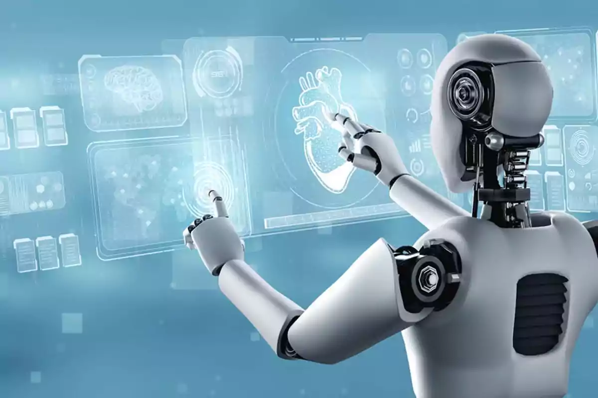 A robot interacting with a digital screen displaying medical charts and a heart. A robot interacting with a digital screen displaying medical charts and a heart.