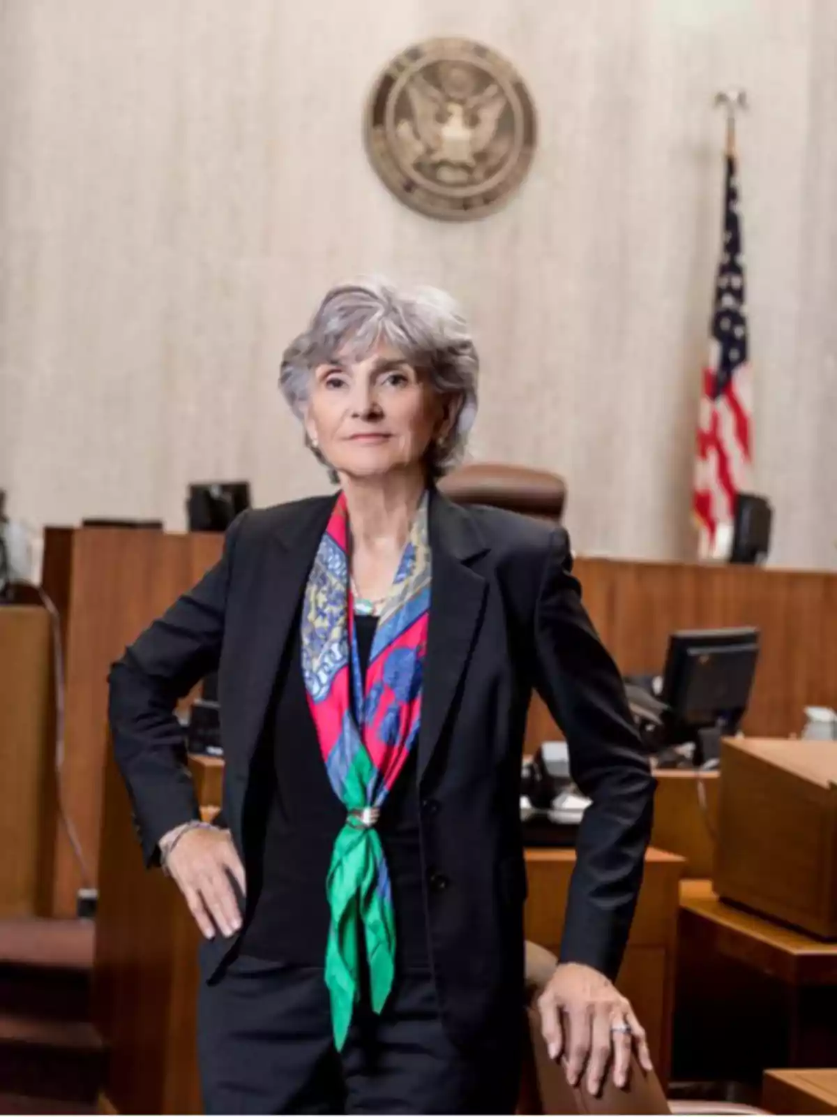 Gray-haired woman dressed in a dark suit and colorful scarf posing in a courtroom with the official seal and a United States flag in the background Gray-haired woman dressed in a dark suit and colorful scarf posing in a courtroom with the official seal and a United States flag in the background