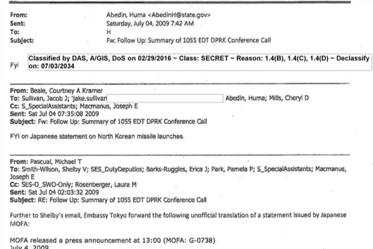 Captura de pantalla de un correo electrónico oficial del Departamento de Estado de Estados Unidos sobre una llamada de conferencia relacionada con Corea del Norte y un comunicado japonés sobre lanzamientos de misiles Captura de pantalla de un correo electrónico oficial del Departamento de Estado de Estados Unidos sobre una llamada de conferencia relacionada con Corea del Norte y un comunicado japonés sobre lanzamientos de misiles