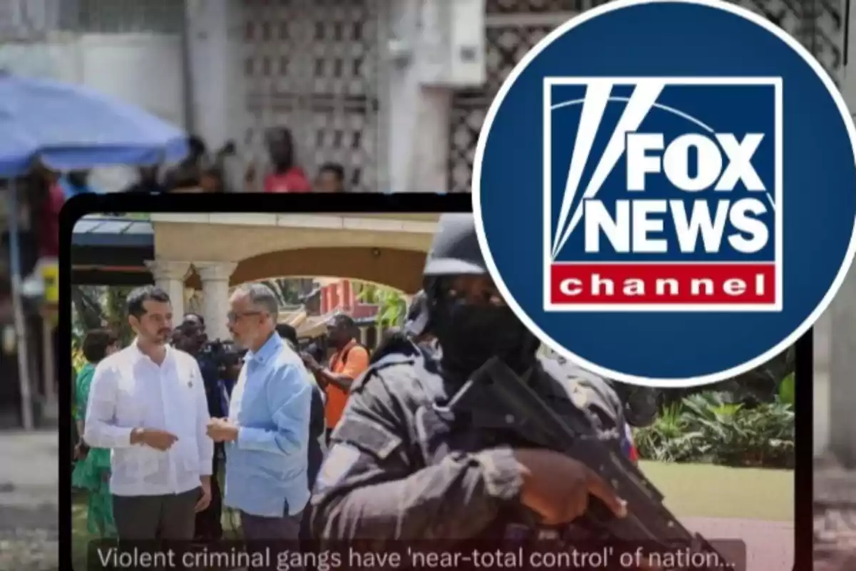 Logo de Fox News Channel en la esquina superior derecha con una imagen de fondo que muestra a dos hombres conversando y un policía armado en primer plano