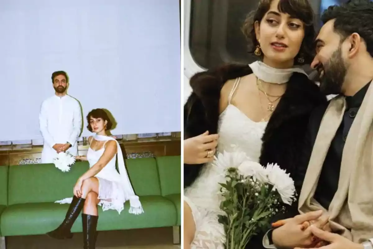 Pareja vestida de blanco y negro con flores blancas, sentados juntos en un sofá verde y en un transporte público, mostrando un ambiente íntimo y elegante Pareja vestida de blanco y negro con flores blancas, sentados juntos en un sofá verde y en un transporte público, mostrando un ambiente íntimo y elegante