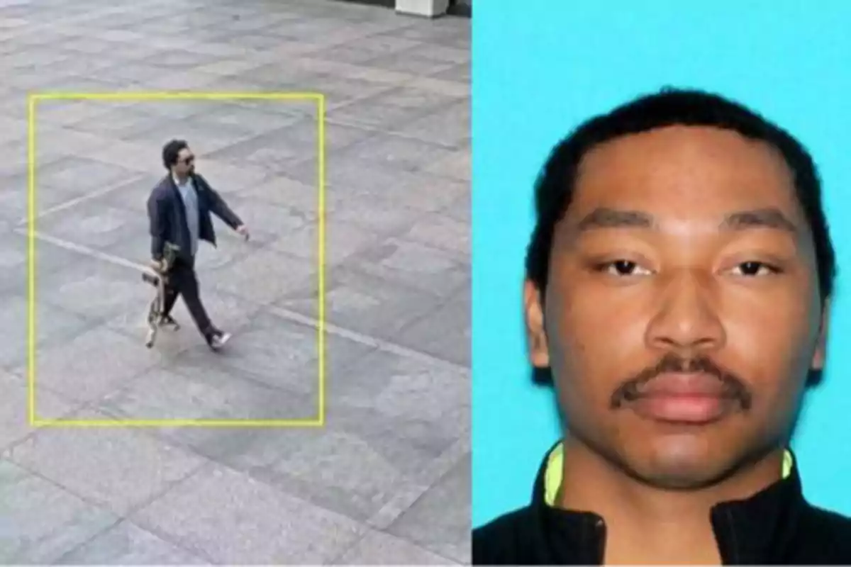 Imagen dividida en dos partes a la izquierda un hombre caminando en una plaza con un objeto en la mano y a la derecha una fotografía tipo identificación de un hombre joven con bigote sobre fondo azul Imagen dividida en dos partes a la izquierda un hombre caminando en una plaza con un objeto en la mano y a la derecha una fotografía tipo identificación de un hombre joven con bigote sobre fondo azul