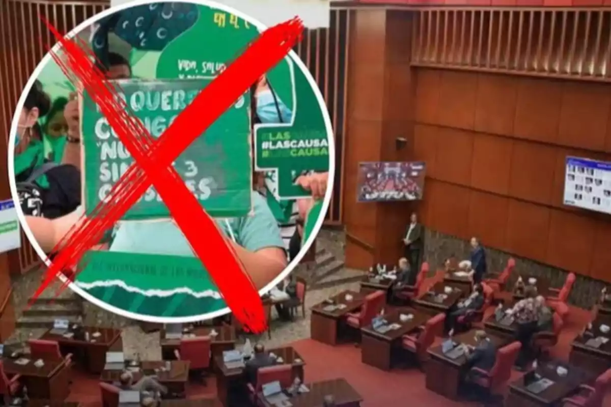 Vista de un recinto legislativo con un círculo que muestra una protesta a favor del aborto tachada con una gran equis roja