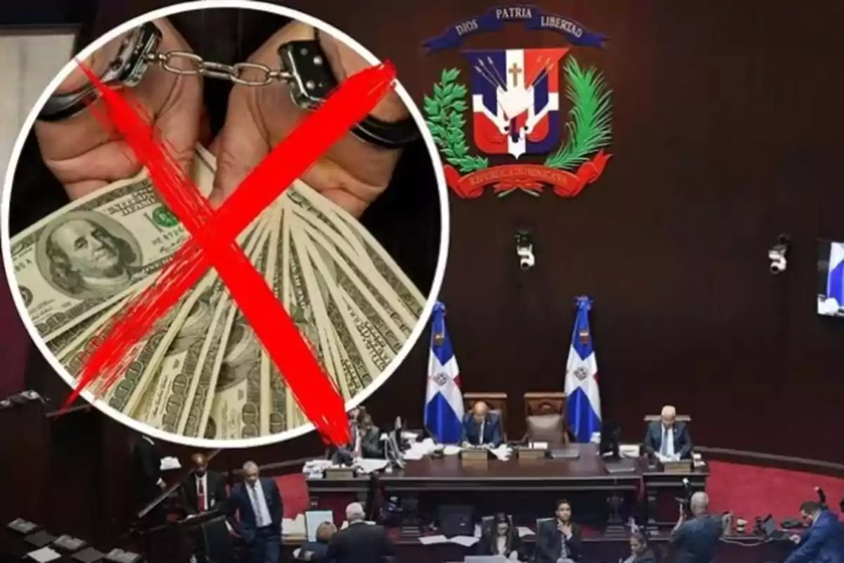 Un círculo con una imagen de manos esposadas sosteniendo billetes de dólares tachada con una X roja sobre una sala parlamentaria con el escudo y banderas de República Dominicana