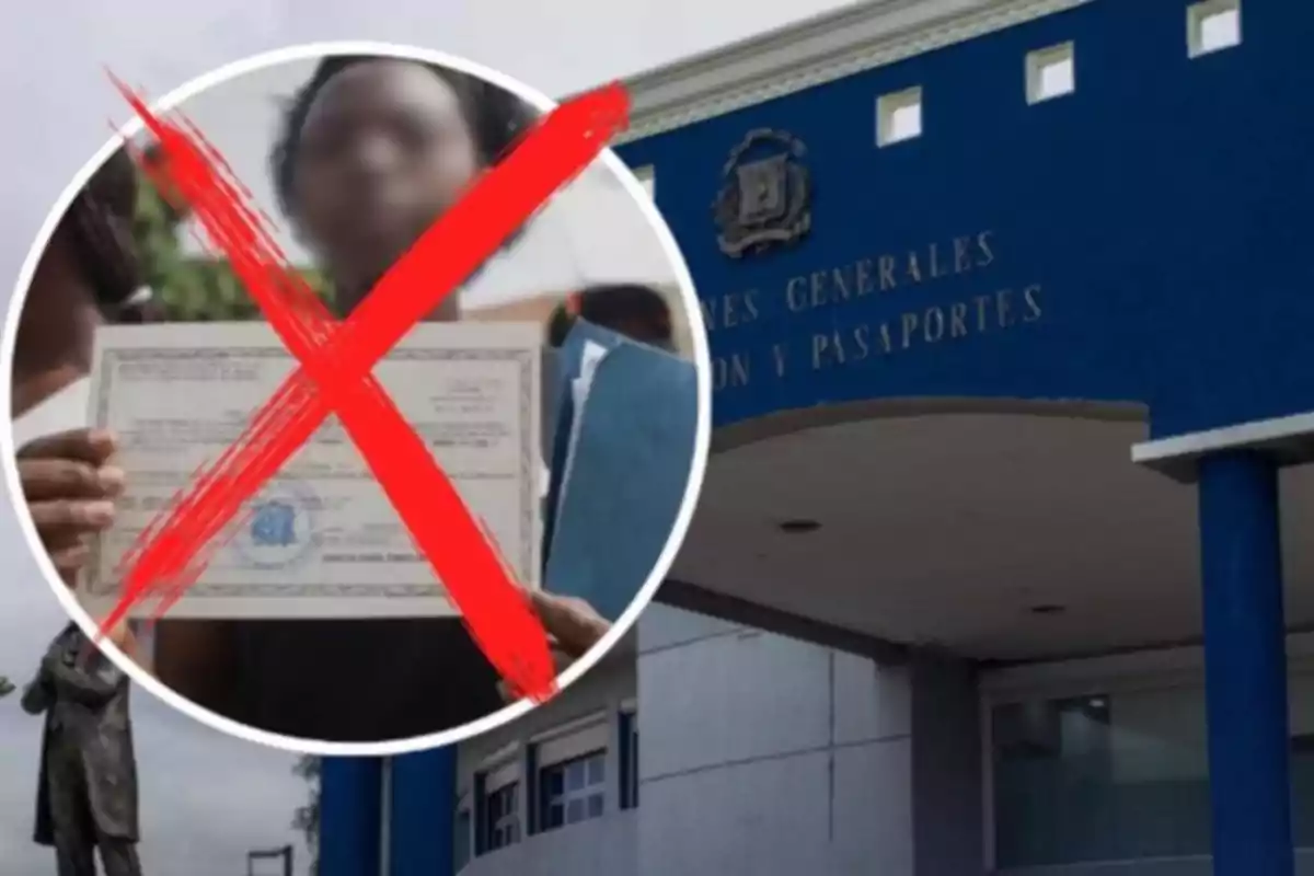 Una persona sostiene un documento tachado con una gran equis roja frente a un edificio azul de oficinas de migración y pasaportes.