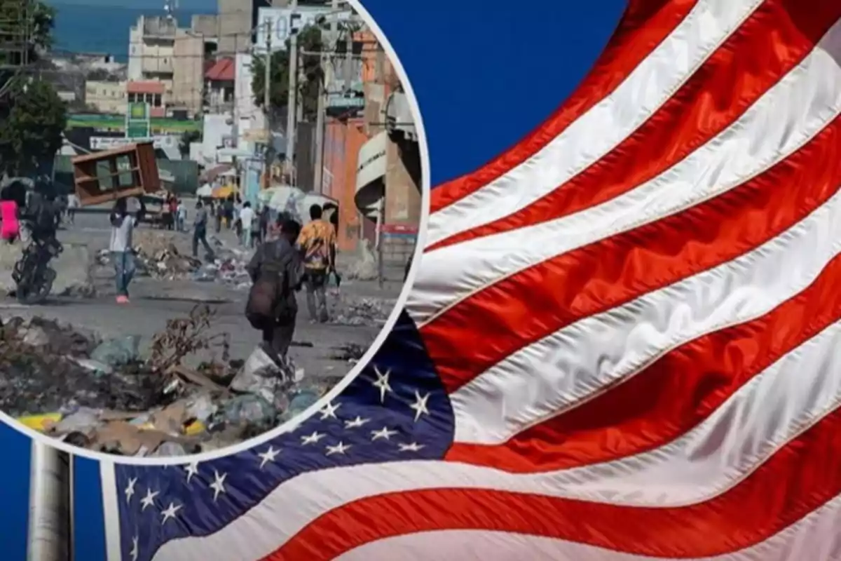Bandera de Estados Unidos ondeando junto a una imagen circular de una calle con basura y personas caminando en un entorno urbano deteriorado.