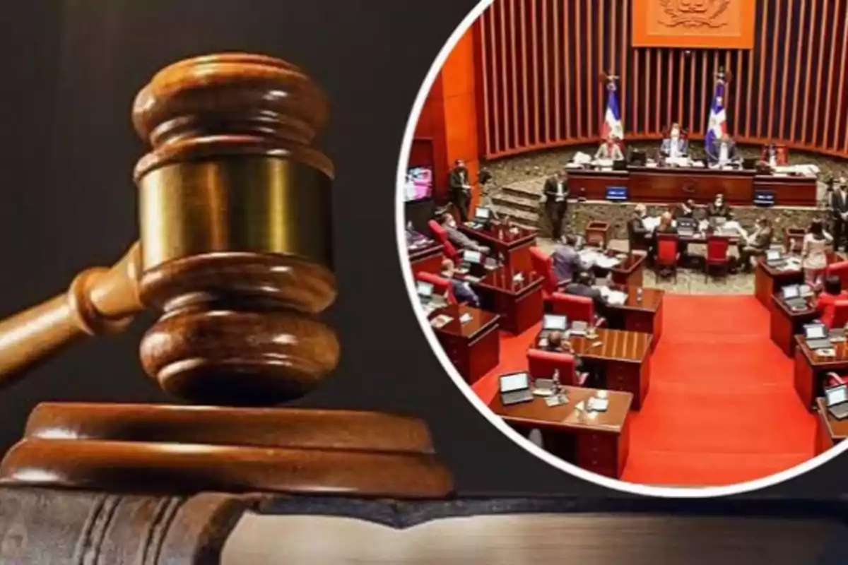Un mazo de juez sobre un libro y una sala de sesiones parlamentaria al fondo
