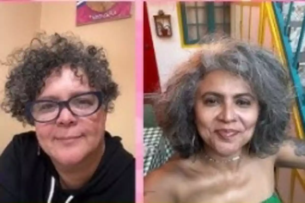 Dos mujeres con cabello rizado y canoso posan para la cámara en diferentes ambientes interiores Dos mujeres con cabello rizado y canoso posan para la cámara en diferentes ambientes interiores