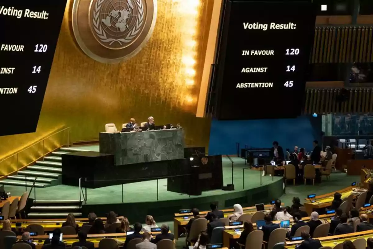 Vista del pleno de la Asamblea General de la ONU durante una votación, con los resultados proyectados en pantallas y delegados sentados en sus lugares.