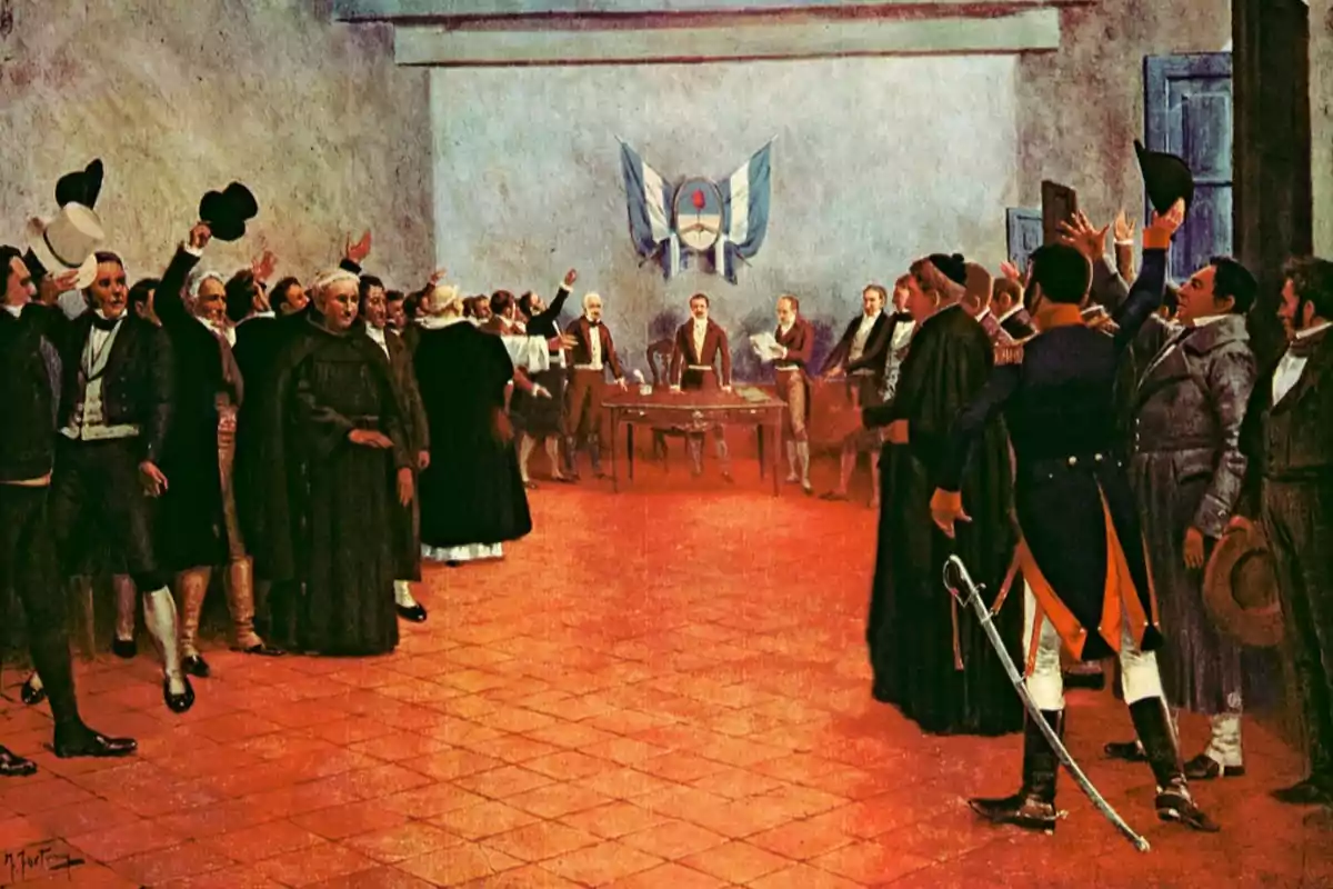 Pintura histórica que representa la firma del Acta de la Independencia de Argentina con varios hombres reunidos en una sala celebrando el acontecimiento Pintura histórica que representa la firma del Acta de la Independencia de Argentina con varios hombres reunidos en una sala celebrando el acontecimiento