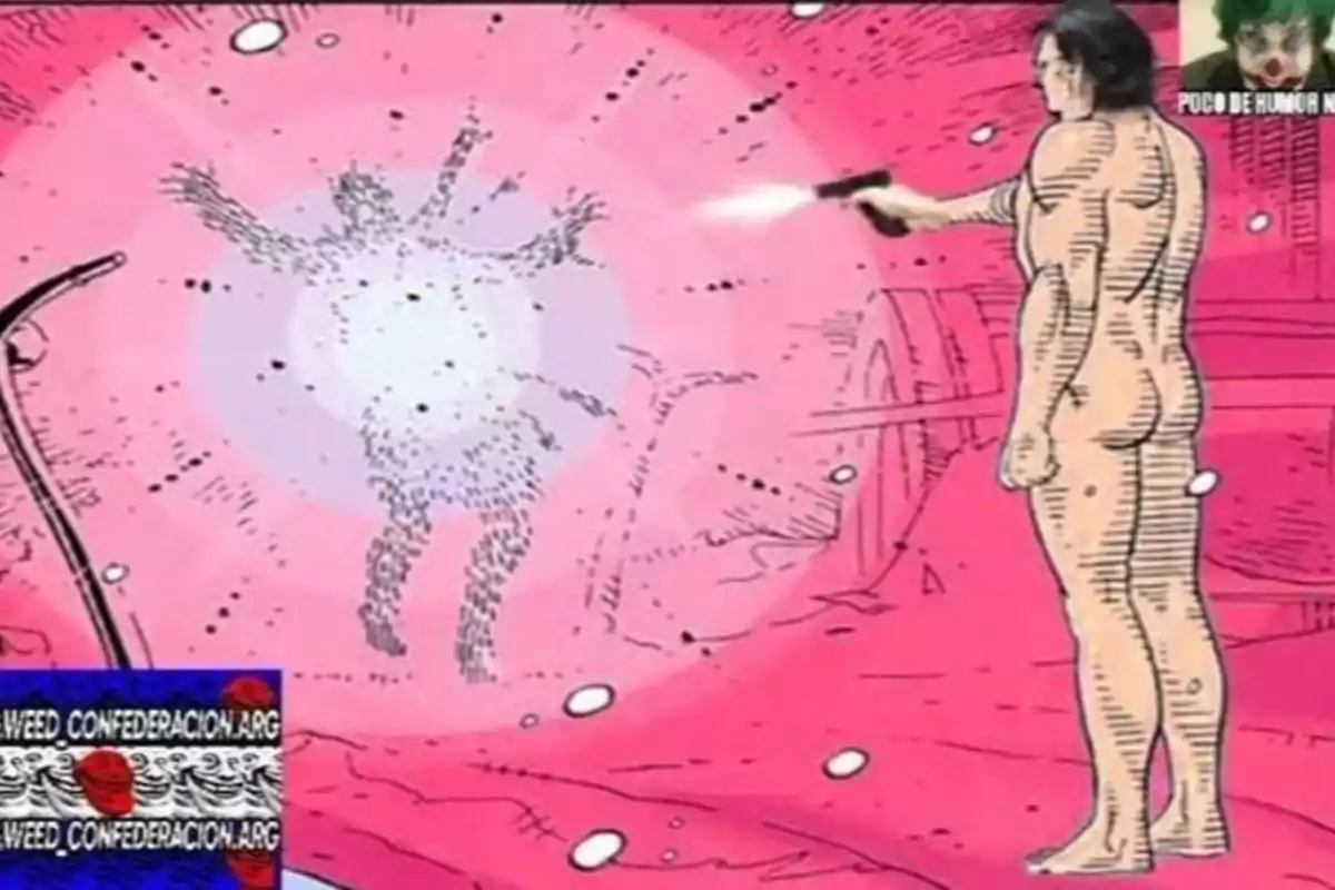 Naked person shooting a gun at a fading figure in a pink-colored, comic-style setting Naked person shooting a gun at a fading figure in a pink-colored, comic-style setting