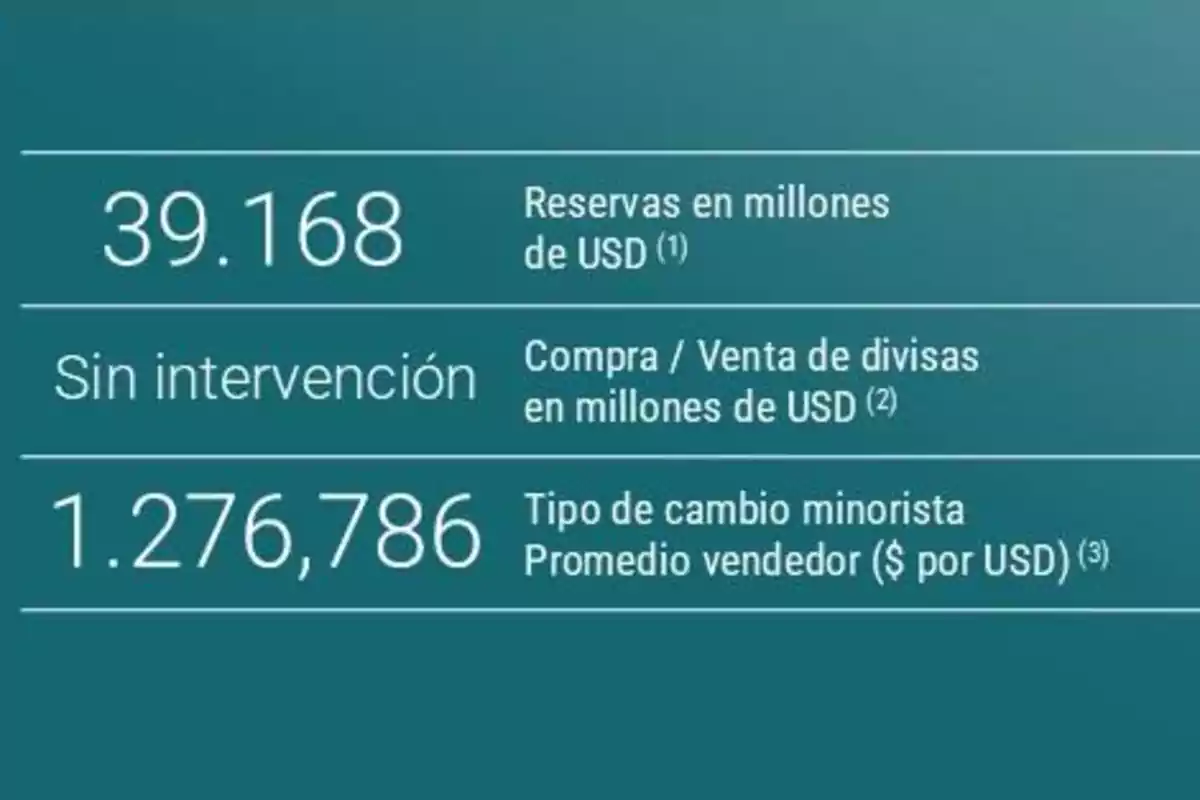 Imagen con datos económicos que muestran reservas en millones de dólares, operaciones de compra y venta de divisas sin intervención y el tipo de cambio minorista promedio vendedor en pesos por dólar Imagen con datos económicos que muestran reservas en millones de dólares, operaciones de compra y venta de divisas sin intervención y el tipo de cambio minorista promedio vendedor en pesos por dólar