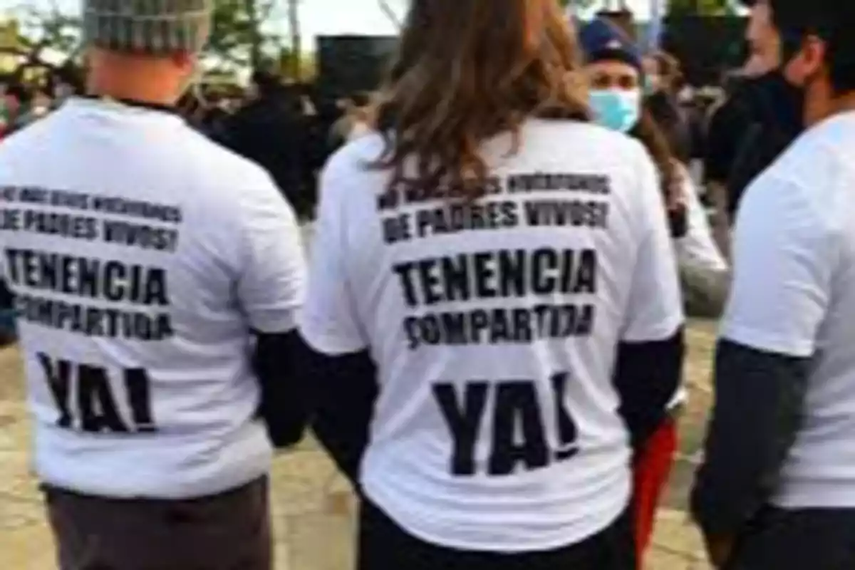 Personas de espaldas usando camisetas blancas con el mensaje tenencia compartida ya en una manifestación al aire libre. Personas de espaldas usando camisetas blancas con el mensaje tenencia compartida ya en una manifestación al aire libre.