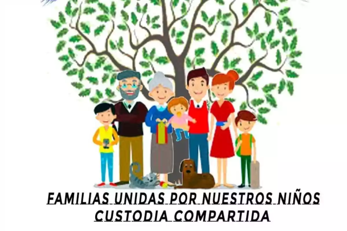 Ilustración de una familia de varias generaciones con un árbol de fondo y un mensaje que promueve la custodia compartida y la unión familiar Ilustración de una familia de varias generaciones con un árbol de fondo y un mensaje que promueve la custodia compartida y la unión familiar