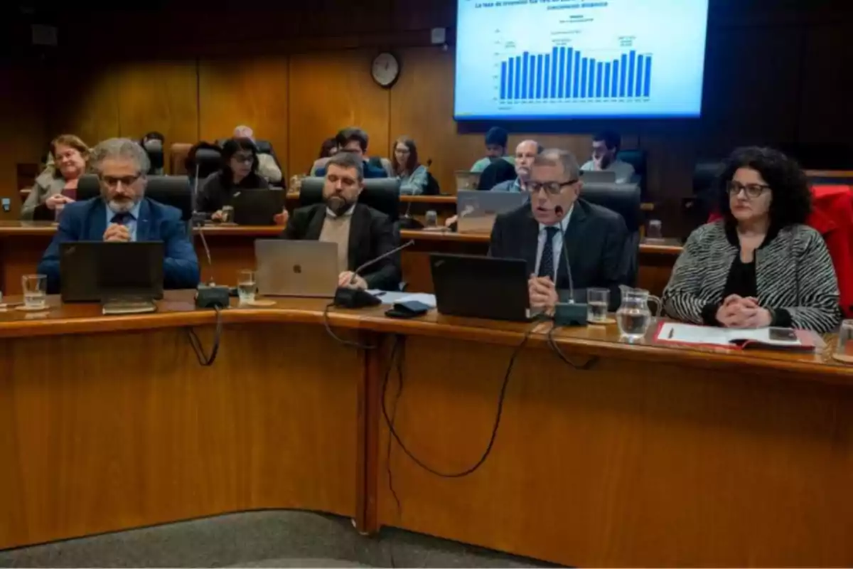 Varias personas sentadas en una sala de reuniones con computadoras portátiles y documentos sobre la mesa mientras una pantalla al fondo muestra una gráfica Varias personas sentadas en una sala de reuniones con computadoras portátiles y documentos sobre la mesa mientras una pantalla al fondo muestra una gráfica