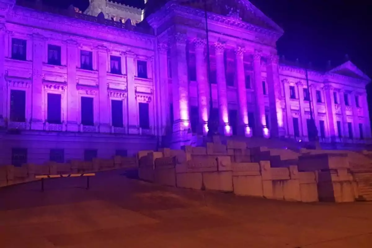 Fachada de un edificio histórico iluminado con luces violetas durante la noche Fachada de un edificio histórico iluminado con luces violetas durante la noche