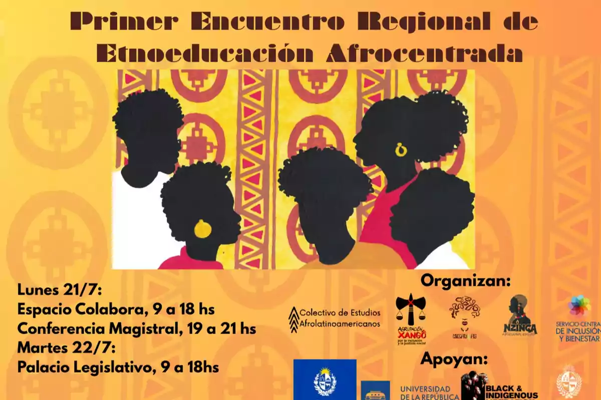 Cartel del Primer Encuentro Regional de Etnoeducación Afrocentrada con ilustraciones de siluetas de personas afrodescendientes sobre un fondo con patrones africanos y detalles de fechas, horarios, lugares, organizaciones y apoyos del evento Cartel del Primer Encuentro Regional de Etnoeducación Afrocentrada con ilustraciones de siluetas de personas afrodescendientes sobre un fondo con patrones africanos y detalles de fechas, horarios, lugares, organizaciones y apoyos del evento