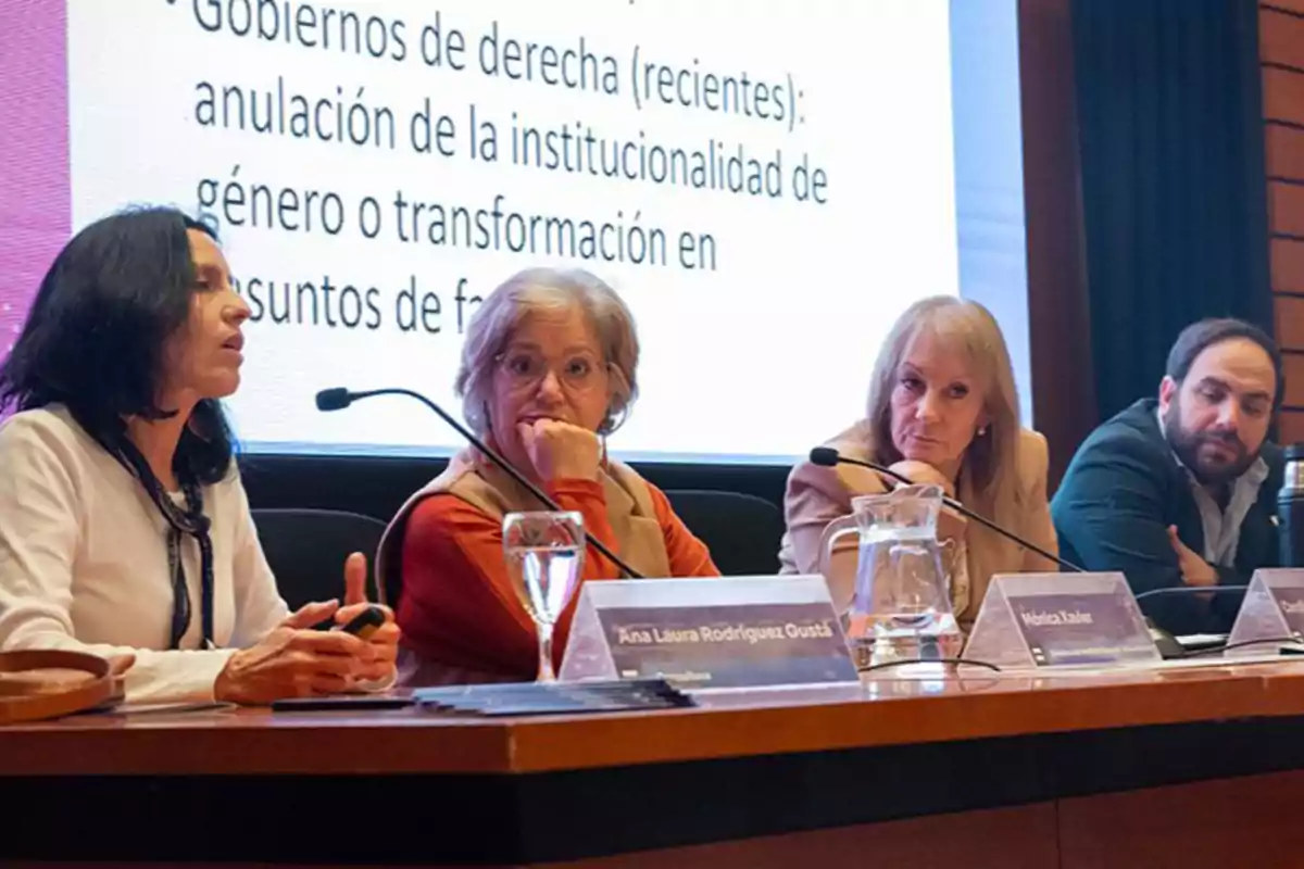 Four people seated at a conference table participate in a panel, with microphones and glasses of water in front of them, while a screen projects text related to gender issues and governments.