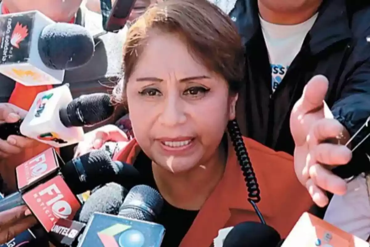 Woman giving statements to the press surrounded by several microphones and journalists Woman giving statements to the press surrounded by several microphones and journalists