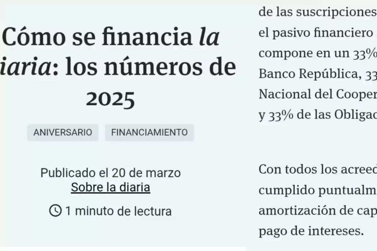 Screenshot of an article titled How la diaria is funded: the numbers for 2025, with anniversary and funding tags, published on March 20 and with an estimated reading time of one minute.