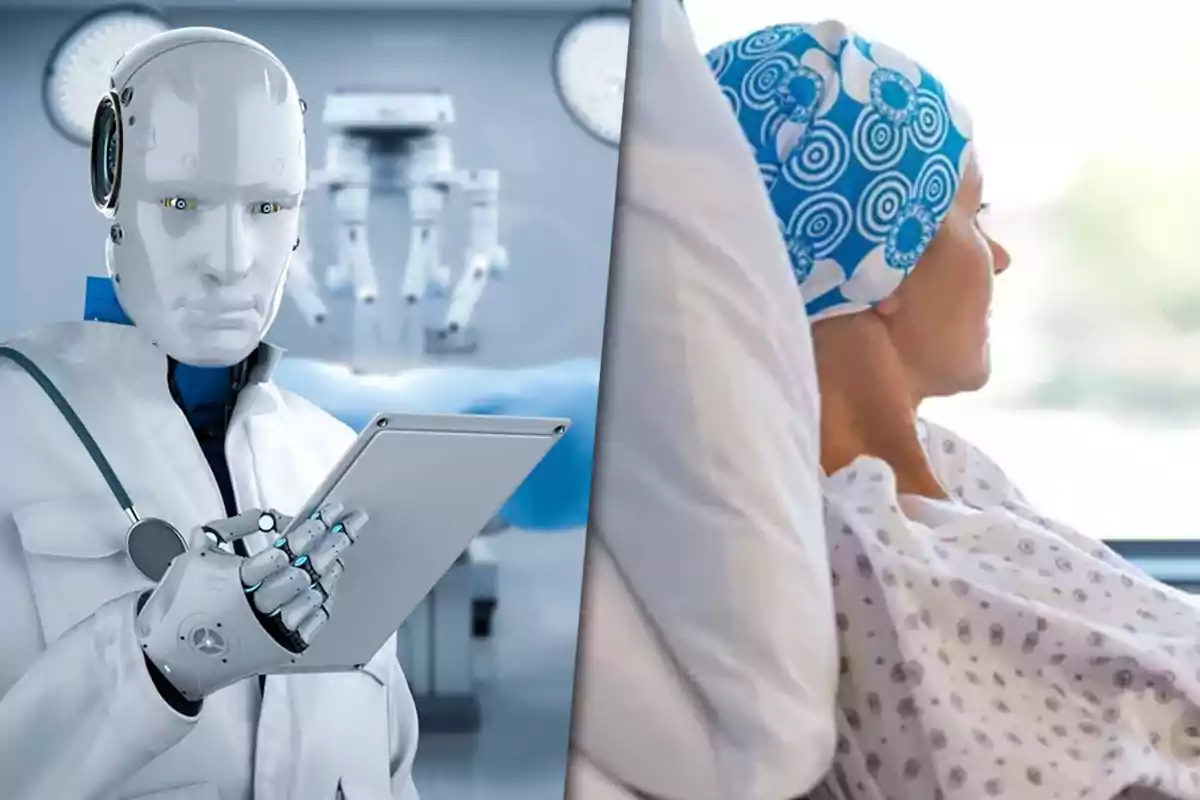 Un robot médico sostiene una tableta mientras observa a una paciente con gorro azul y bata hospitalaria recostada en una cama
