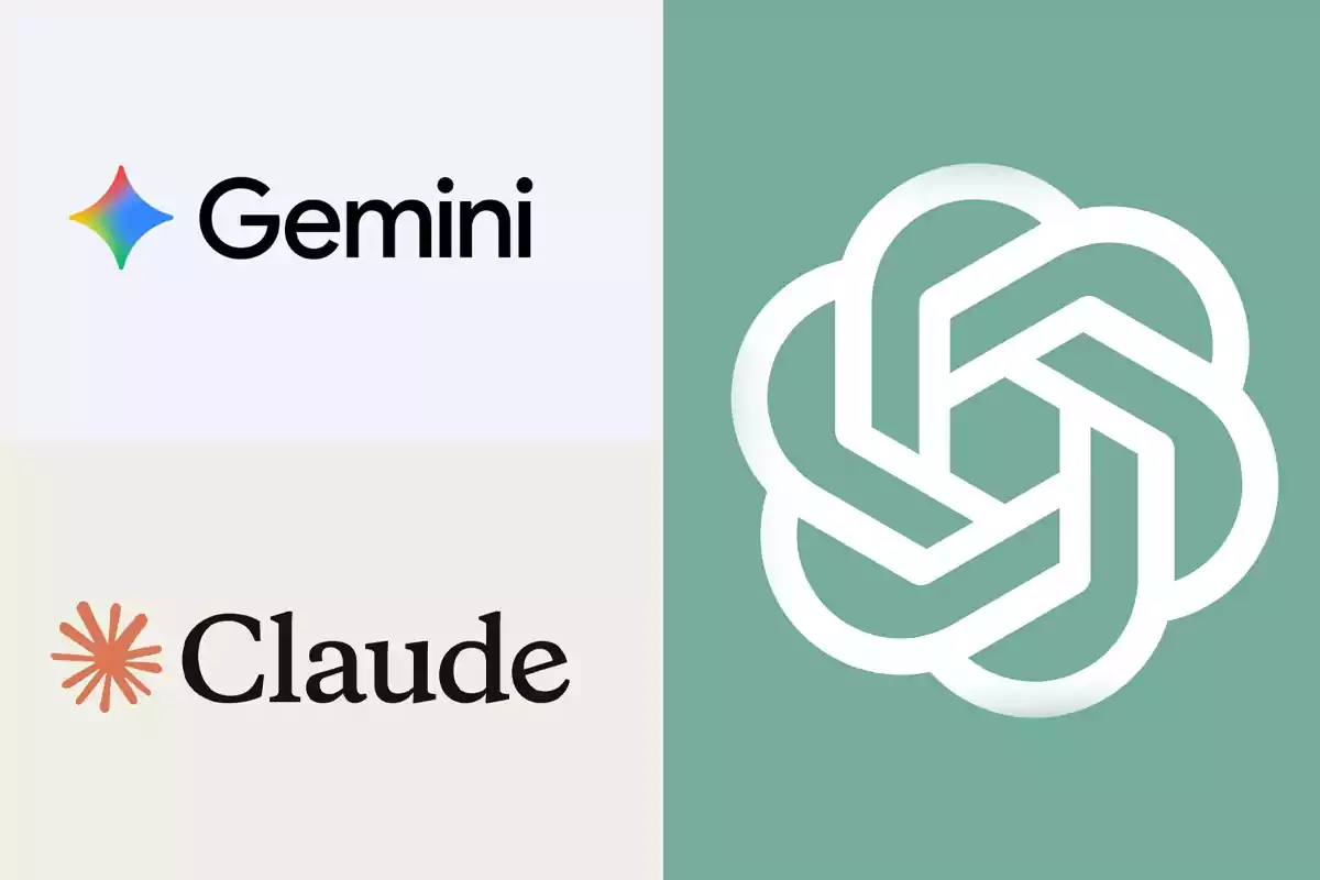 Logos de Gemini, Claude y ChatGPT en un diseño dividido en tres secciones