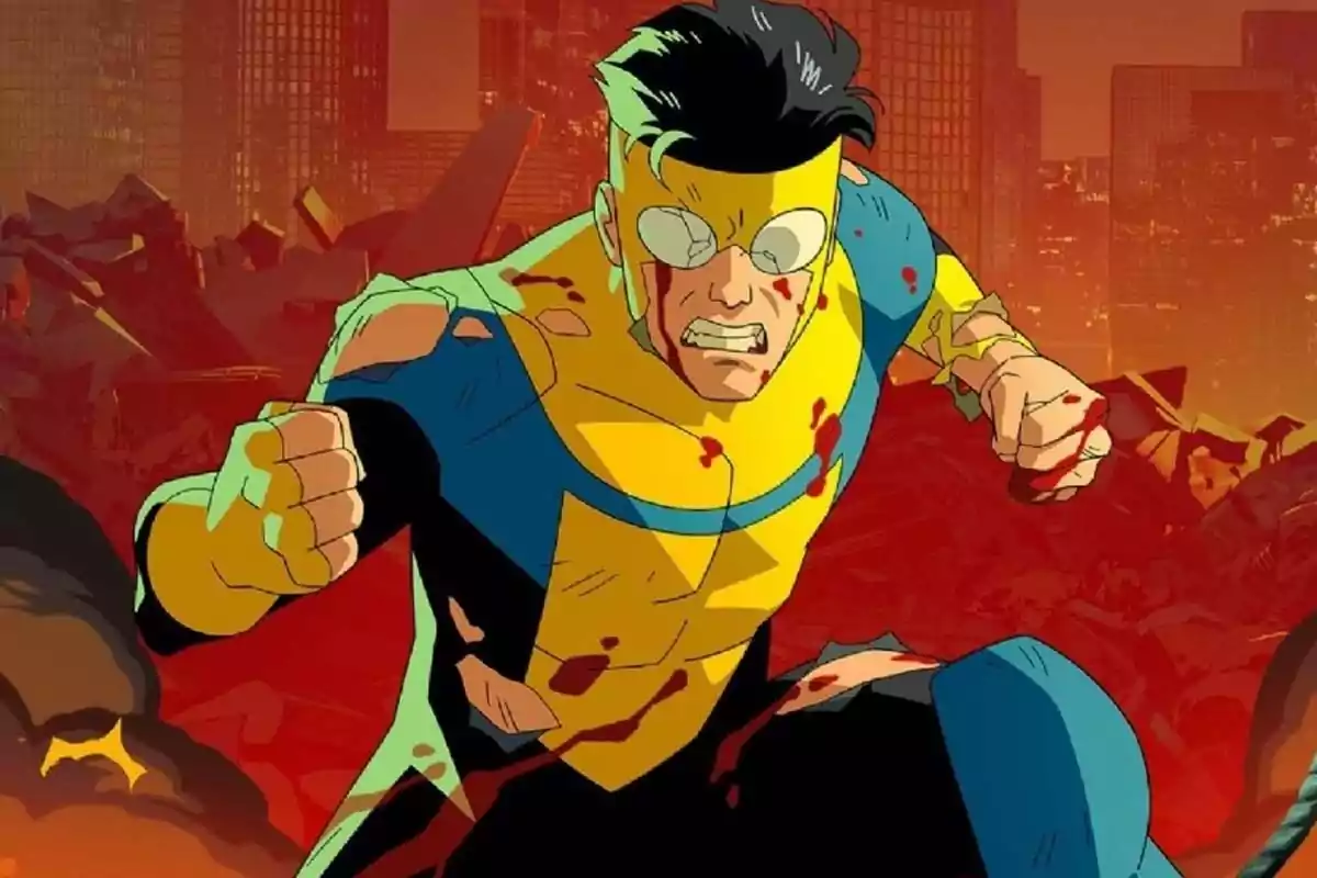 Animated superhero in a yellow and blue suit, covered in blood and with a torn uniform, in a destroyed city in the background Animated superhero in a yellow and blue suit, covered in blood and with a torn uniform, in a destroyed city in the background