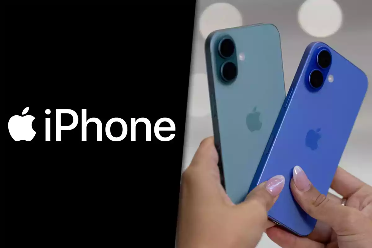Dos manos sostienen dos iPhones de diferentes tonos de azul junto al logo de Apple y la palabra iPhone sobre fondo negro