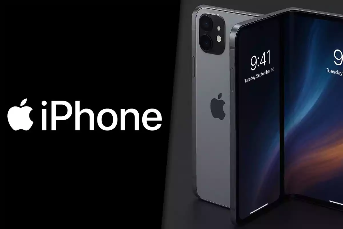 Two iPhones, one traditional and one with a foldable screen, next to the Apple logo and the word iPhone on a black background